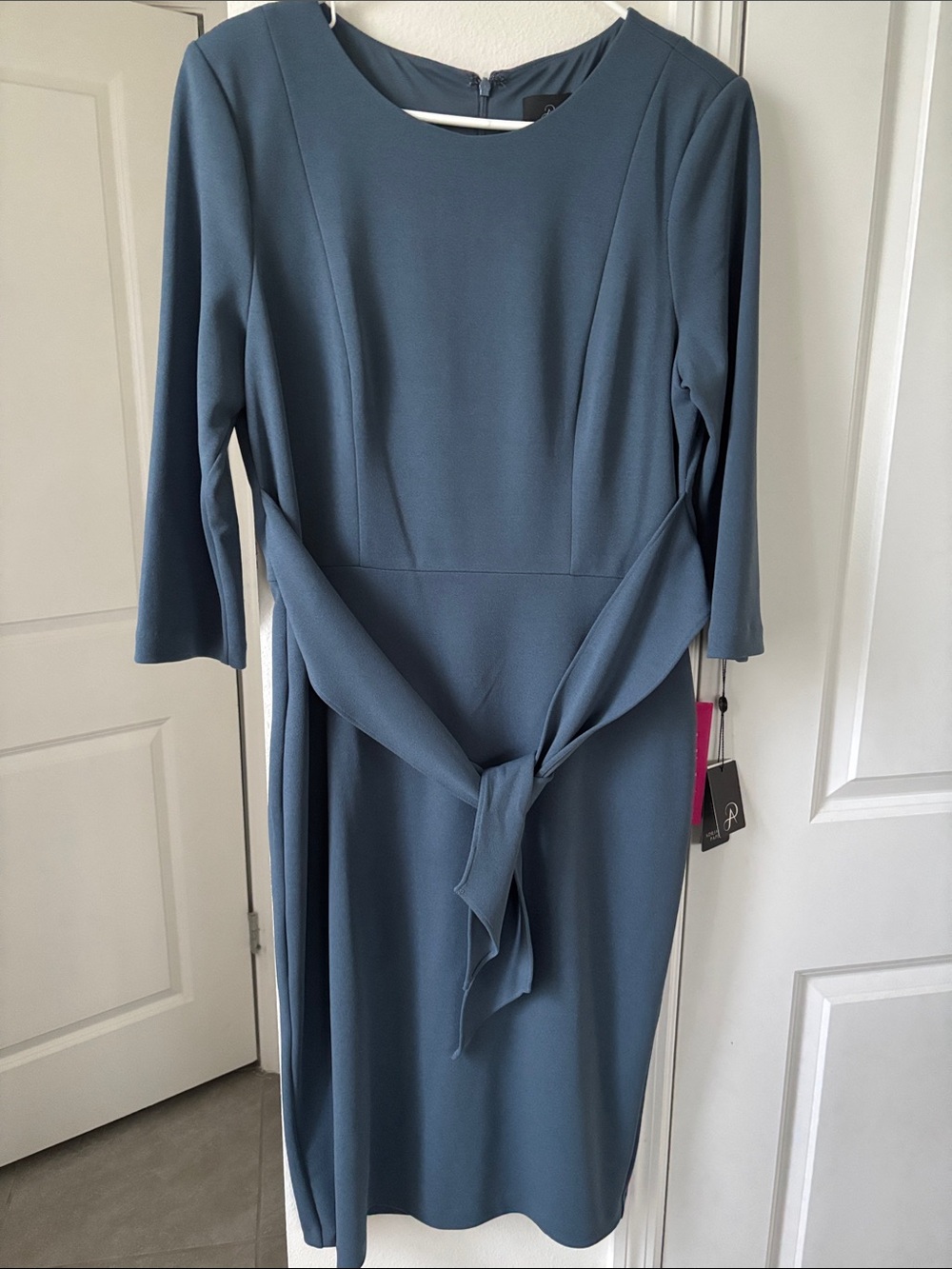 Adrianna Papell Slate Blue Midi Dress with Tie Waist